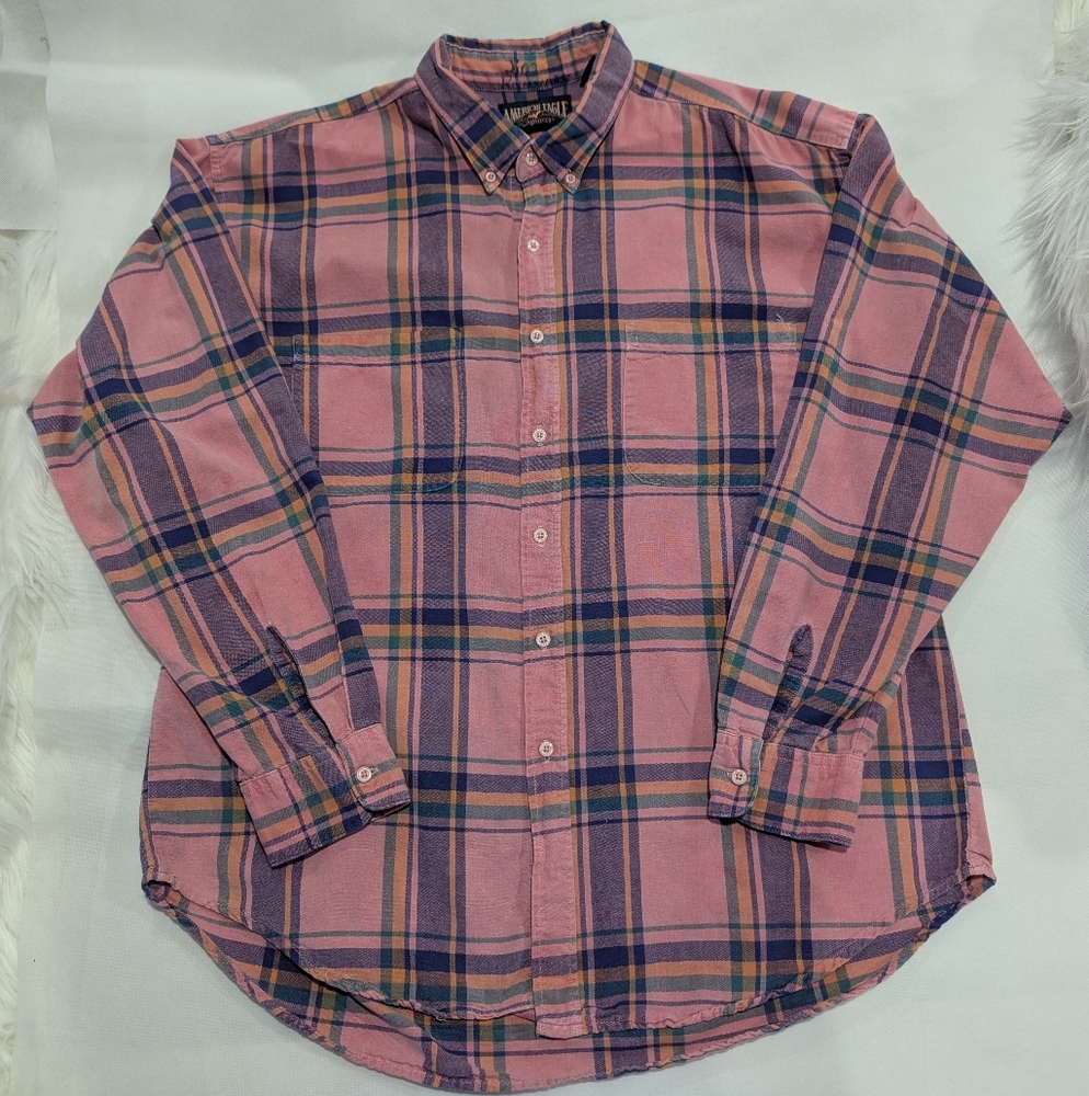 Vintage 80's American Eagle Super Soft Faded Cotton Plaid Shirt - Picture 3 of 11